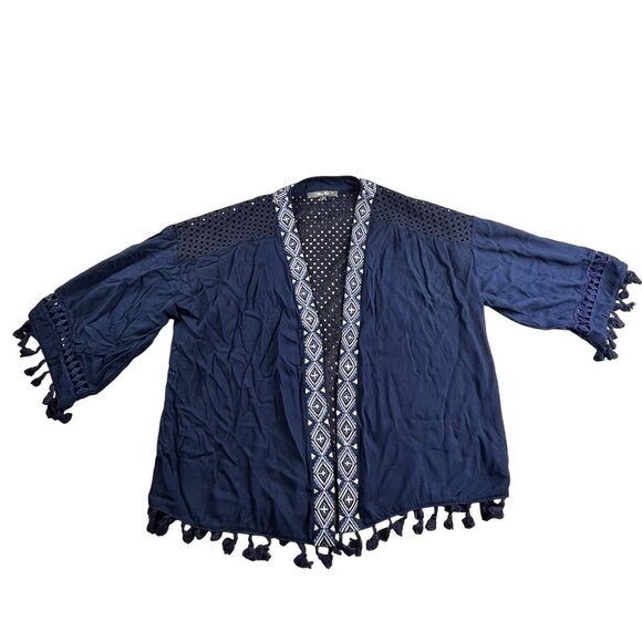 Miss Me Sweaters - Miss Me Cardigan Women Small Blue White Embroidered Desert Dreamer Tassel Kimono